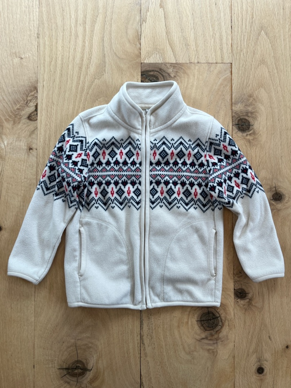 Uniqlo Cream Fleece Jacket with Navy and Red Nordic Pattern